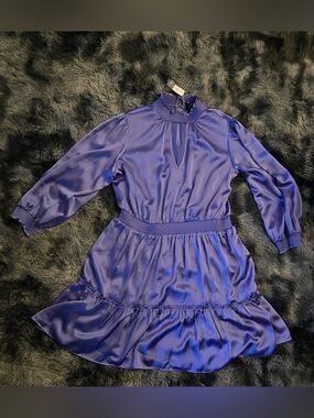 Ashley Stewart Satin Long-Sleeve Ruffle Waist Dress in Purple